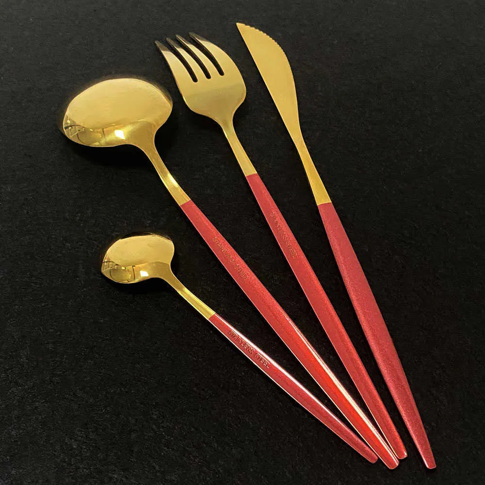 Red Gold Cutlery Stainless Steel Dinnerware Knife Fork Coffee Spoon Tableware Kitchen Dinner 210804