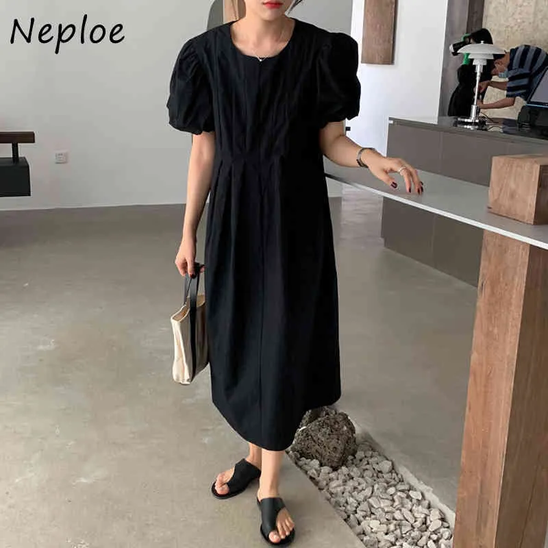 O Neck Puff Short Sleeve Solid Dress Women High Waist Hip A Line Long Vestidos Summer Candy Color Robe Wild 210422