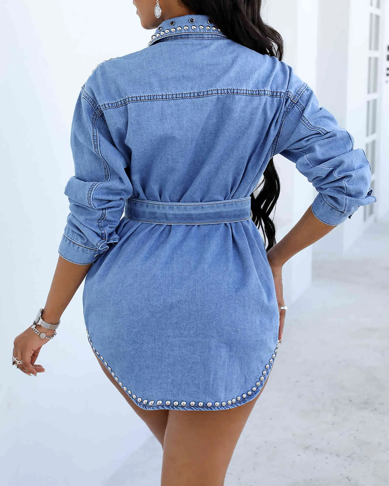 Women Fashion Casual Denim Dresses Turn Collar Rivet Pocket Design Long Sleeve Denim Dresses X0521