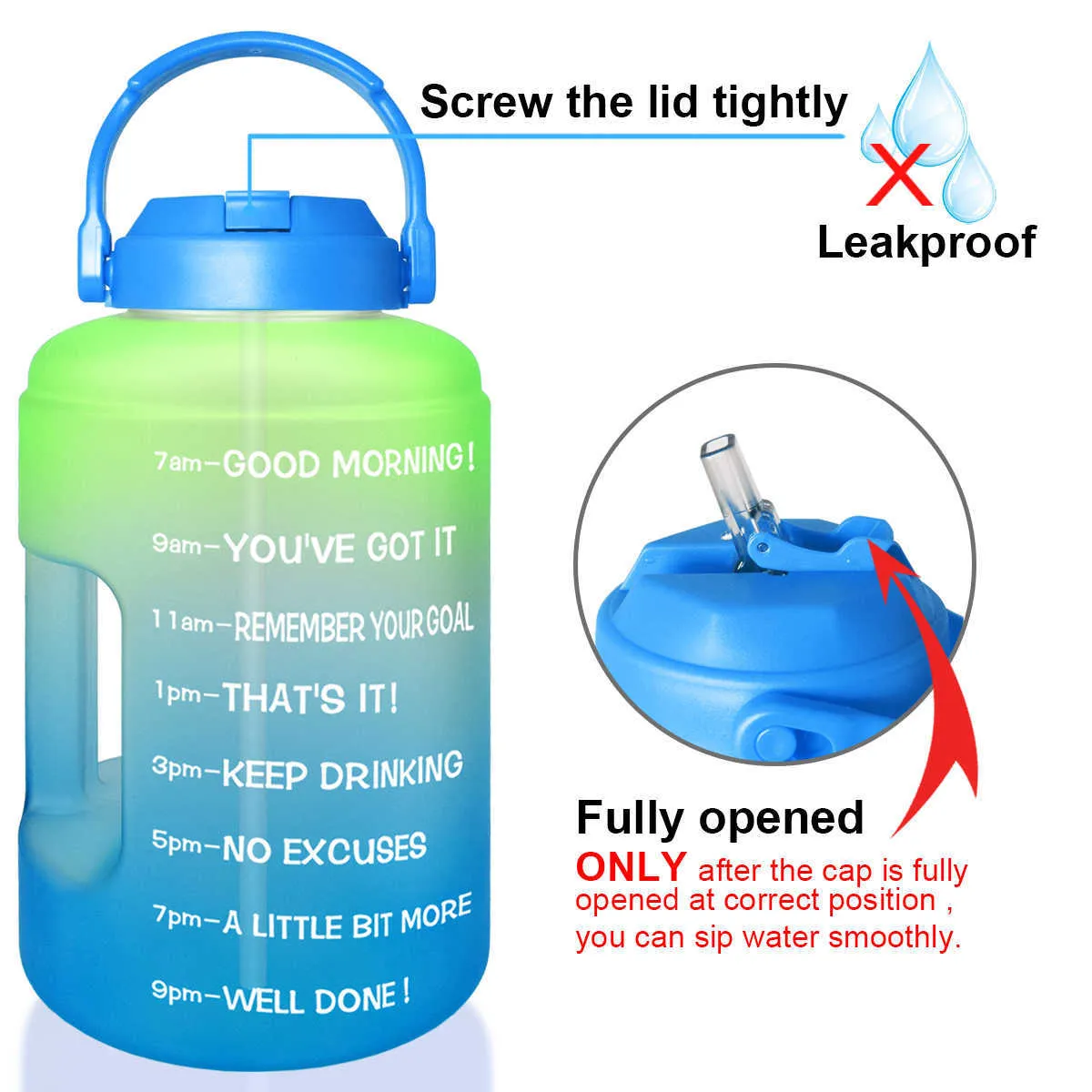 BuildLife Bottiglia d'acqua da un gallone con cannuccia Indicatore temporale motivazionale BPA Bocca larga a tenuta stagna Supporto mobile Maniglia Brocca da viaggio 21288I