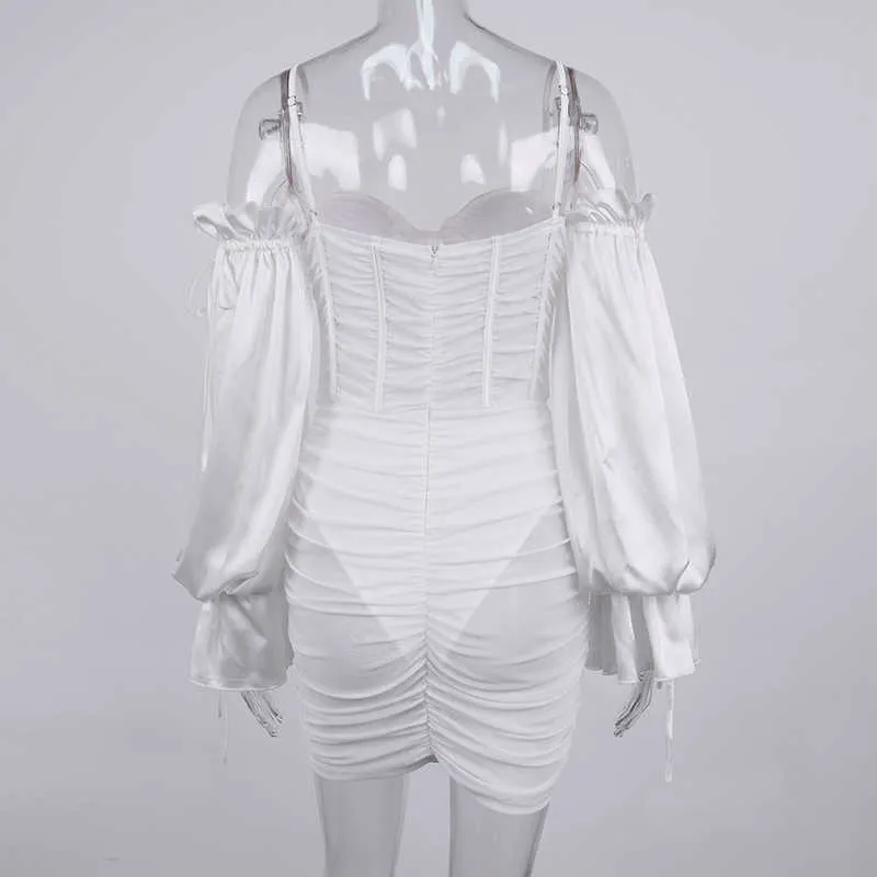 FABPOP Blanc Corset Robe Satin Manches Hors Épaule Armature Rembourré Désossage Ruché Moulante Sexy Robe Femme Chic GA022 210709