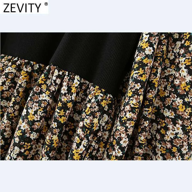 Zevity Women Vintage Square Collar Knitting Patchwork Print Plats Klänning Kvinna Puff Sleeve Casual Midi Vestidos DS4648 210603