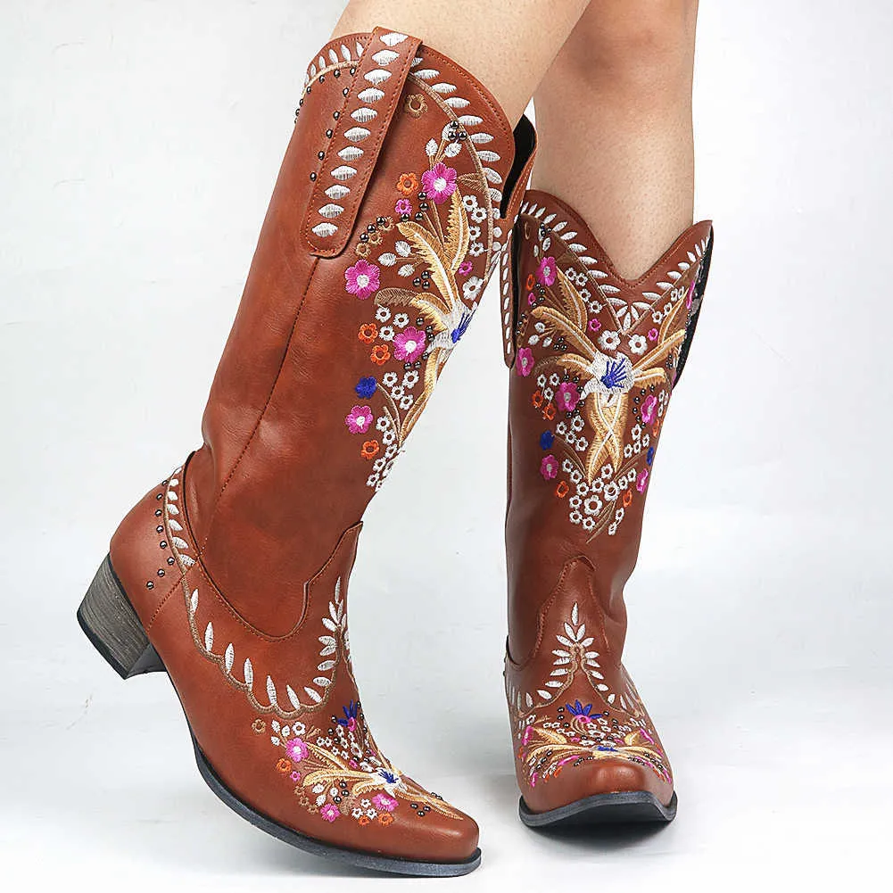 Sarairis Moda Karışık Renk Diz-Yüksek Kaliteli Kadın Ayakkabı Artı Boyutu 43 Nakış Batı Çizmeler Y0914