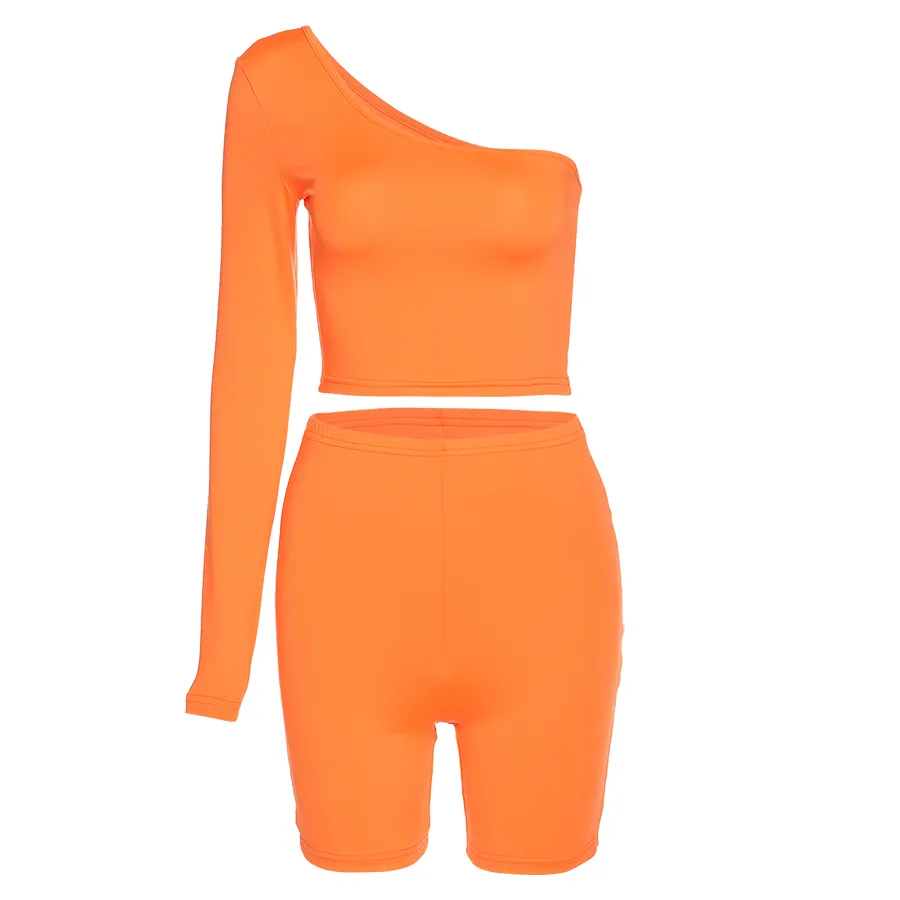 Kliou Solid Asymmetriska Tvådelade Satser Kvinnor Tracksuit Crop Tops + Elastic Bike Shorts Sportiga Matchande Passar Casual Kvinna Outfit x0428