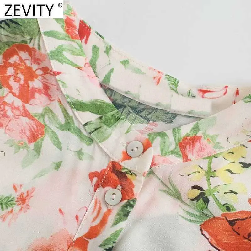 Zevity女性のファッション花柄プリートシングルブレストシャツの女性3四半期袖Midi VestidoシックドレスDS8391 210603