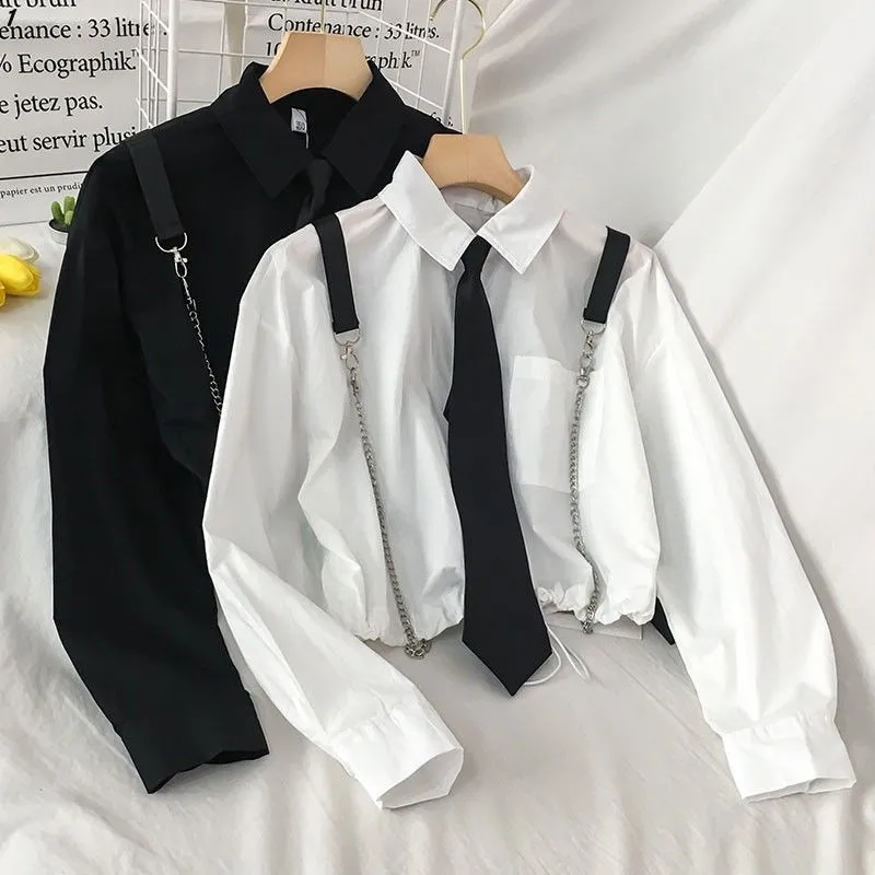 Femme étudiant lâche cravate chemise vêtements de sport femmes taille haute ceinture pantalon cargo mode harajuku streetwear costume deux pièces ensemble 210421