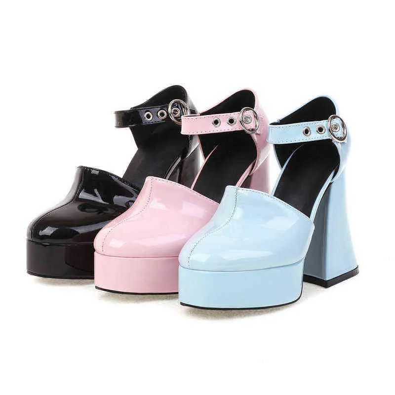 Sandels Pu Patent Leather Round Toe Two Pieces Womans Shoes Blue Pink Pumps Black Heels Platform Girls Chunky Hoof High Heeled Sandals 220303