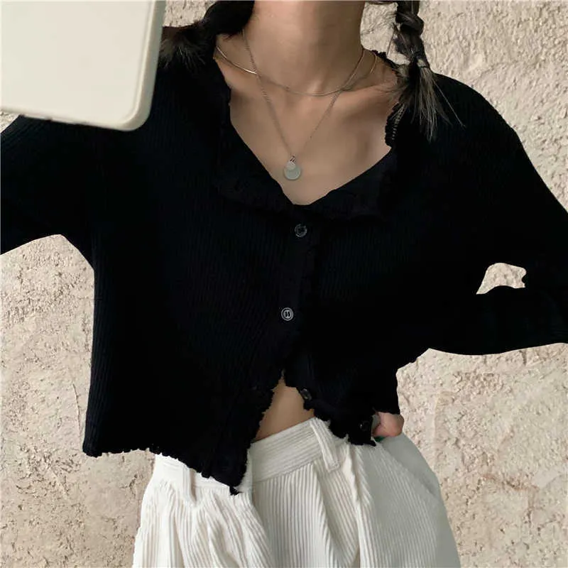 Cardigan Kvinnor Öppna Stitch Gul O-Neck Elegant Vintage Koreansk stil Streetwear Fritid Outwear Summer Sweater Coat Dagligen 210529