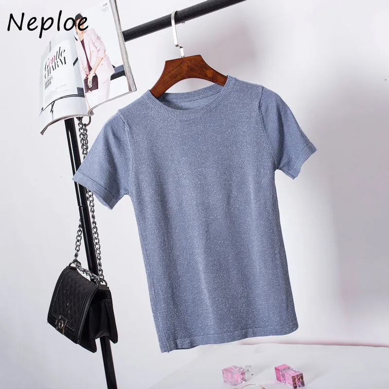 Neploe O Neck Krótki Rękaw Pulower T Shirt Kobiety Slim Fit Candy Color Dobry Koszulki Femme Letnie Wszystkie Dopasuj Top 210510