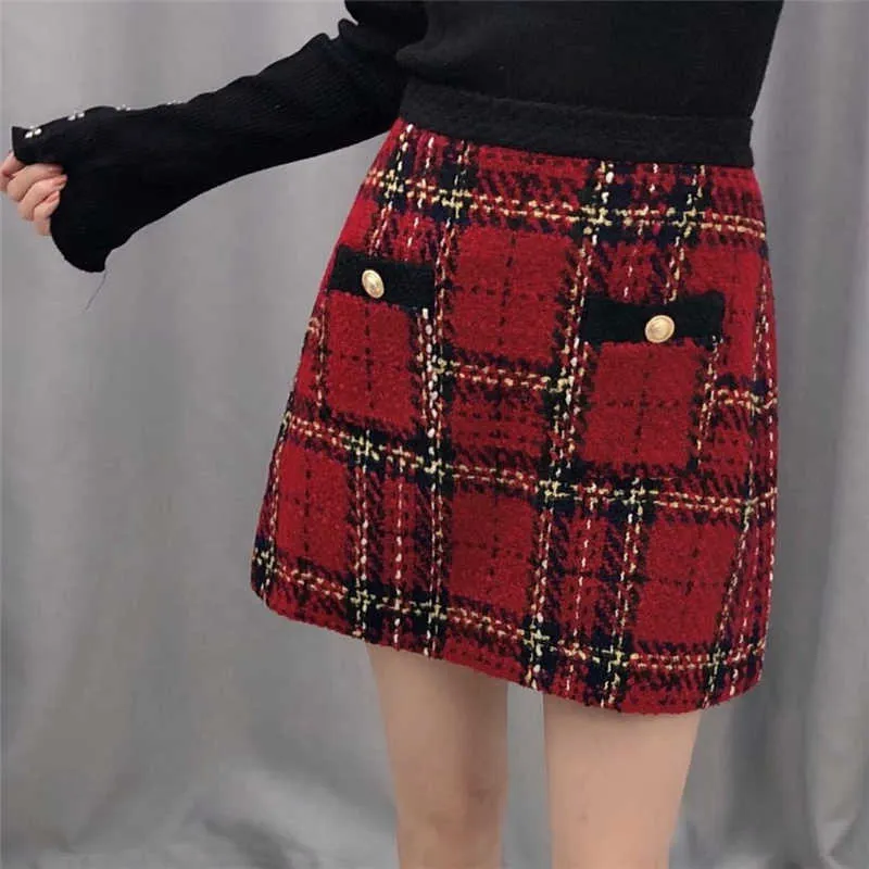 Vintage Women Red Plaid Woolen Skirts Fashion Ladies High Waist Skirt Elegant Female Chic Button Pocket Mini 210527