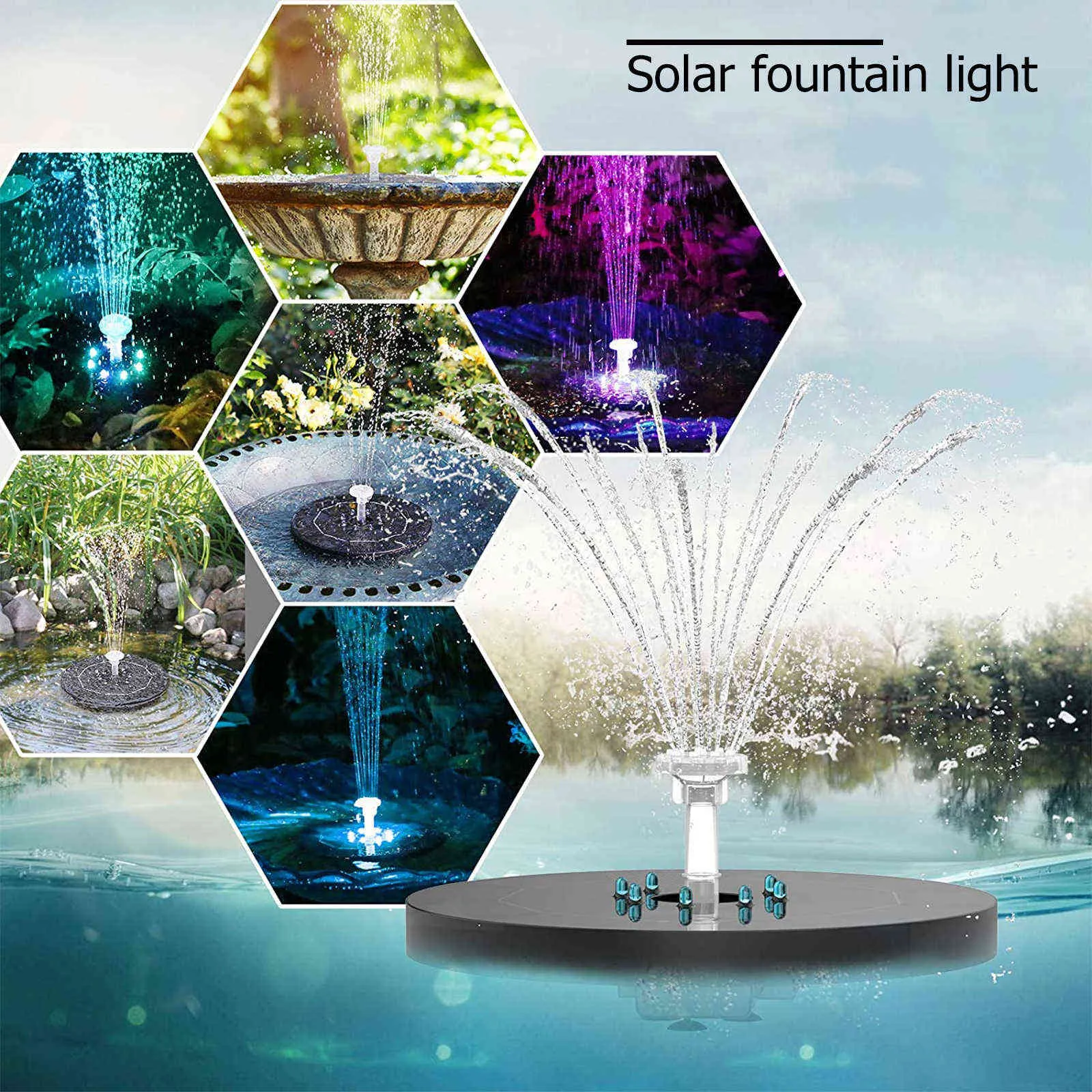 Pompa fontana solare galleggiante 6 Stili di acqua fontana Pannello solare alimentato Luci a LED Bagno uccelli Giardino Piscina Stagno Decorazione del prato Q0811