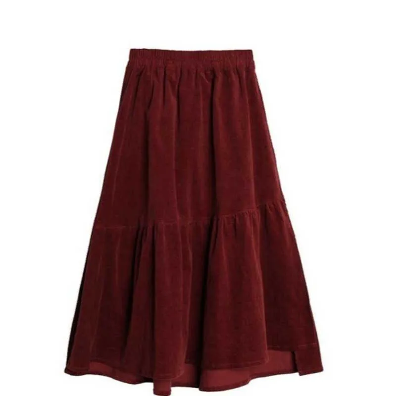 Plus Size Autumn Winter Corduroy Skirt Women Vintage Wine red Midi Long Skirts Female Elastic High Waist A-line Pleated Skirt 210619