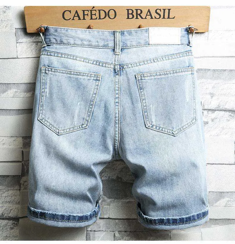 Ljusblå denim shorts för man ny mode manliga hål shorts jeans straight fit jeans shorts bra kvalitet män bomull Jean byxor x0705