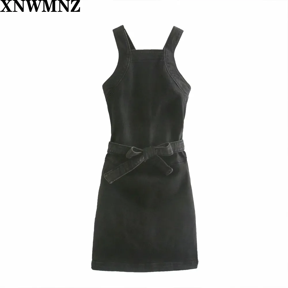 Mujeres sexy vestido de mezclilla negro correa sin mangas sin espalda hembras mini es con barra 210520