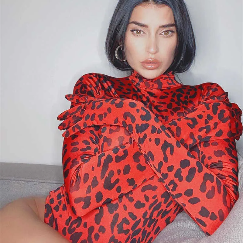 Vintage Red Leopard Print Turtleneck Långärmad skinny bodysuit med Glovers Autumn Sexig Party Clubwear Outfit Bodycon Body Top 210728