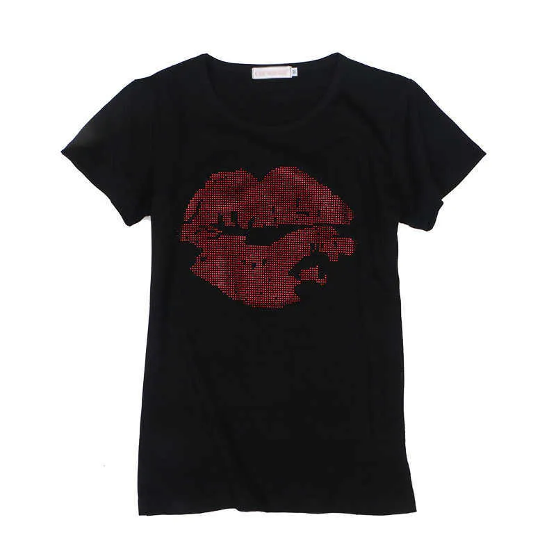 Sommer Plus Größe kurzarm T-shirt frauen 2021 neue Lip print Hot Diamanten Halbe hülse Pullover schwarz lose t weibliche tops X0628