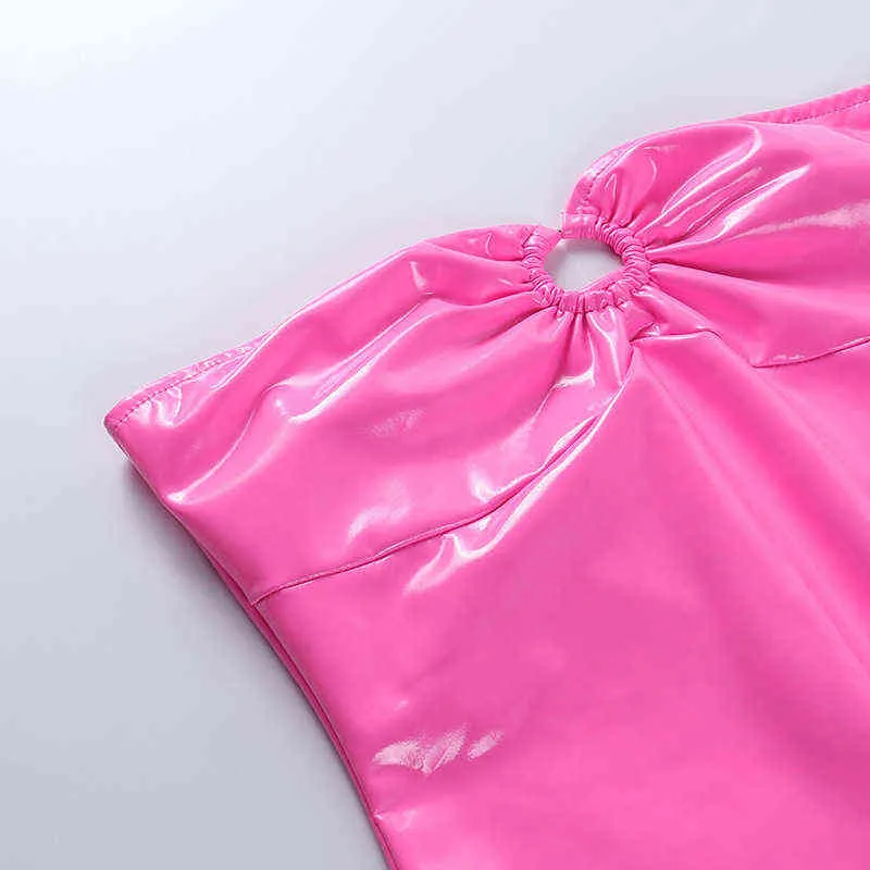 Wannathis Fashion Faux Кожаные Перчатки Летние Розовые Круг Трубка Мини Платья для Женщин Выкл на плече Партия без спинки Сексуальные Vestidos Y1204