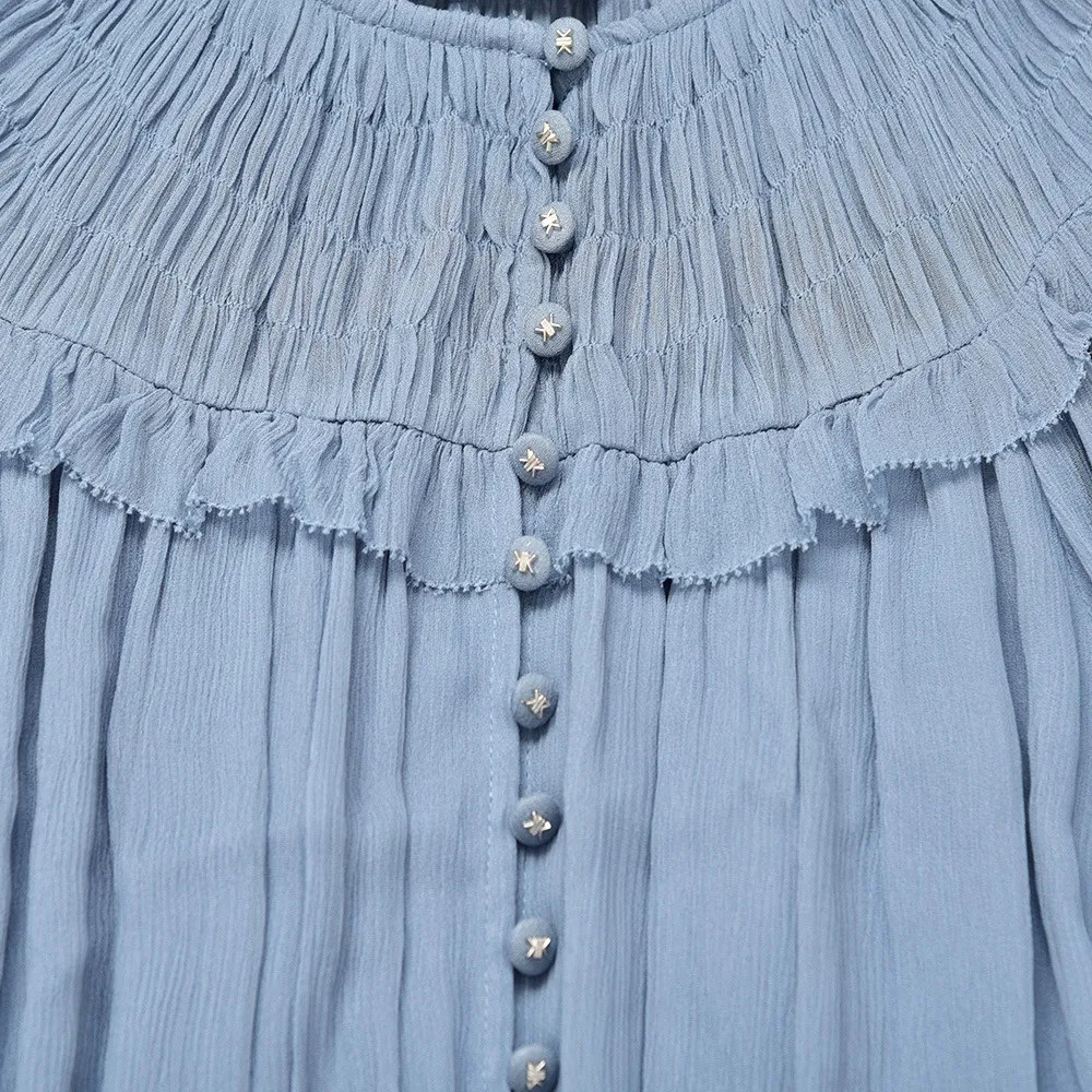 2021 automne automne manches longues col rond robe bleue couleur unie à volants boutons simple boutonnage femmes robes de mode G127029