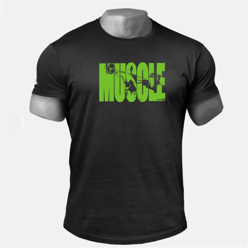 Muskel killar sommar nya mens gym t-shirt fitness bodybuilding mode manlig kort bomull kläder märkt tee toppar 210421