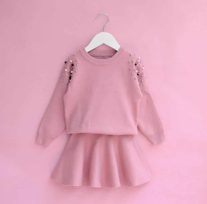 Beading stickad flicka kläder sätter fast färg långärmad tröja + kjol outfits baby kläder 2-6y b64 210610