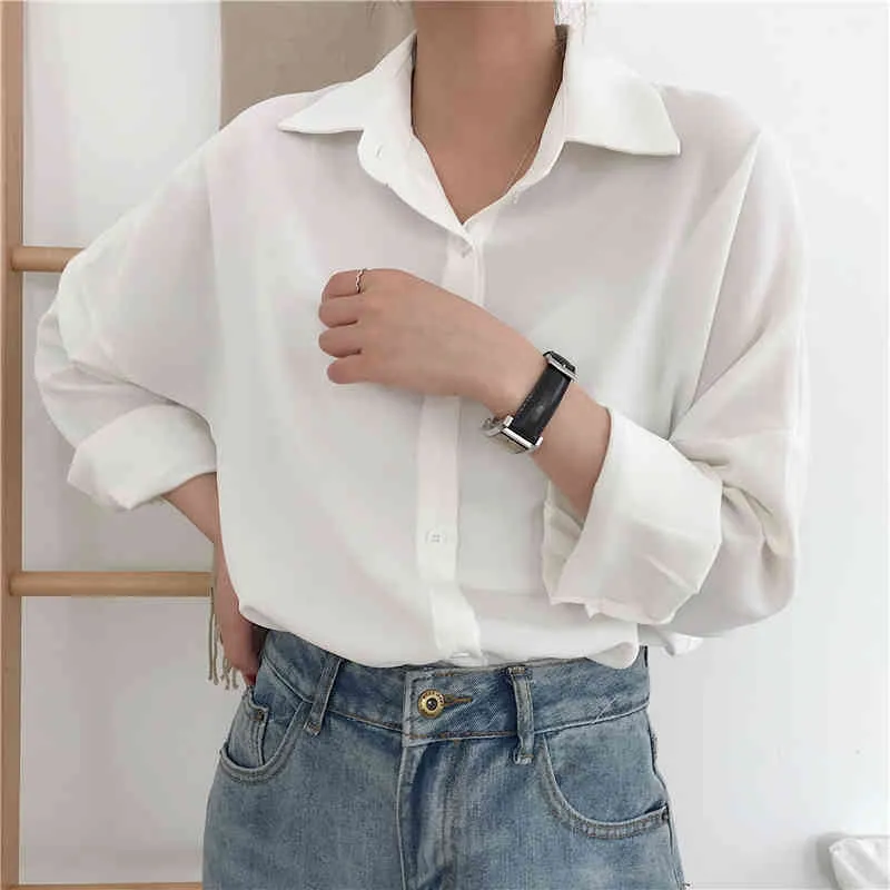 Loose Temperament for Choosing Summer Single-Breasted Long Sleeve Woman's Shirts Solid Vintage Wild Top Female 9681 210508
