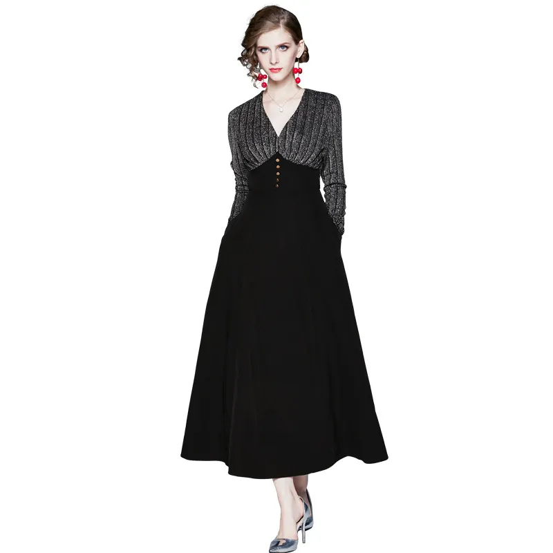 Robes pour femmes Taille européenne américaine Vintage Tempérament Long Noir Patchwork Col V Swing A-ligne ML708 210506