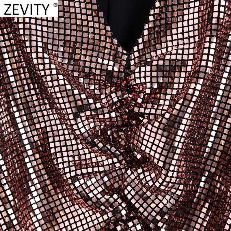 Zevity Spring Women Sexy V Neck Puff Sleeve Sequined Pleated Slim Mini Dress Female Chic Club Party Vestidos Casual Cloth DS4880 210603