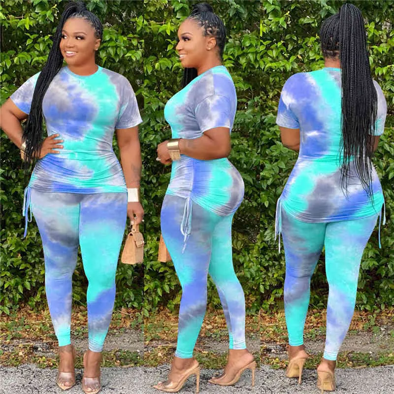 Summer Sweat Suits Wholesale Clothing Women Sets Short Sleeve Top and Pants Tie Dye Set Women Plus Size Outfits Dropshipping X0428