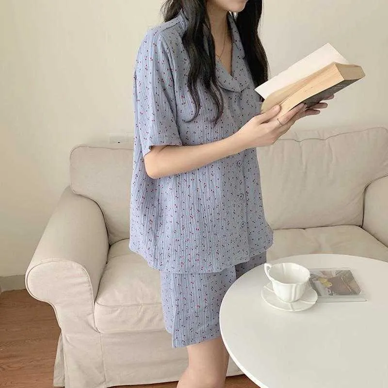 Qweek Cotton Pajamasの女の子韓国のパジャマ夏のピジャマスチェリープリント寝室スウィートホームウェア半袖ナイトウェア210809
