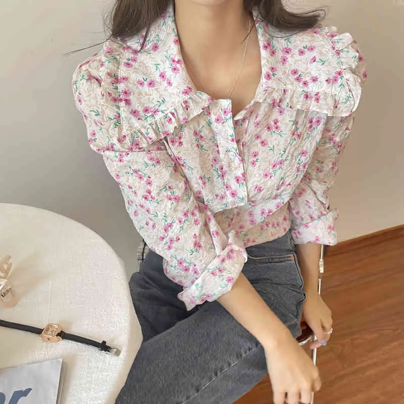 Printed Florals Feminine Women Pleated Elegant Fashion Office Lady Korean Chic Blouses Sweet Loose Shirts 210421