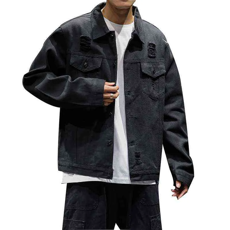 Yeni Denim Ceketler Erkekler Jeans Ceketler Slim Fit Bombacı Ceket Pamuk erkek Jean Ceket Hip Hop Delik Mont Moda Streetwear 5XL Y1122