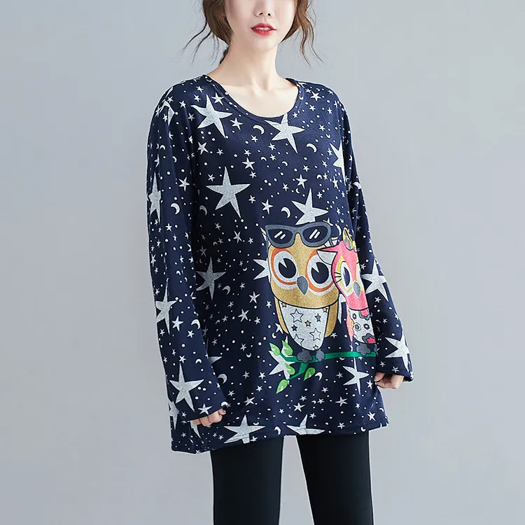 Johnature occasionnel Imprimer dessin animé Femmes T-shirts Spring O-Col O-Col à manches en vrac All-Match Owl Cute Tops 210521