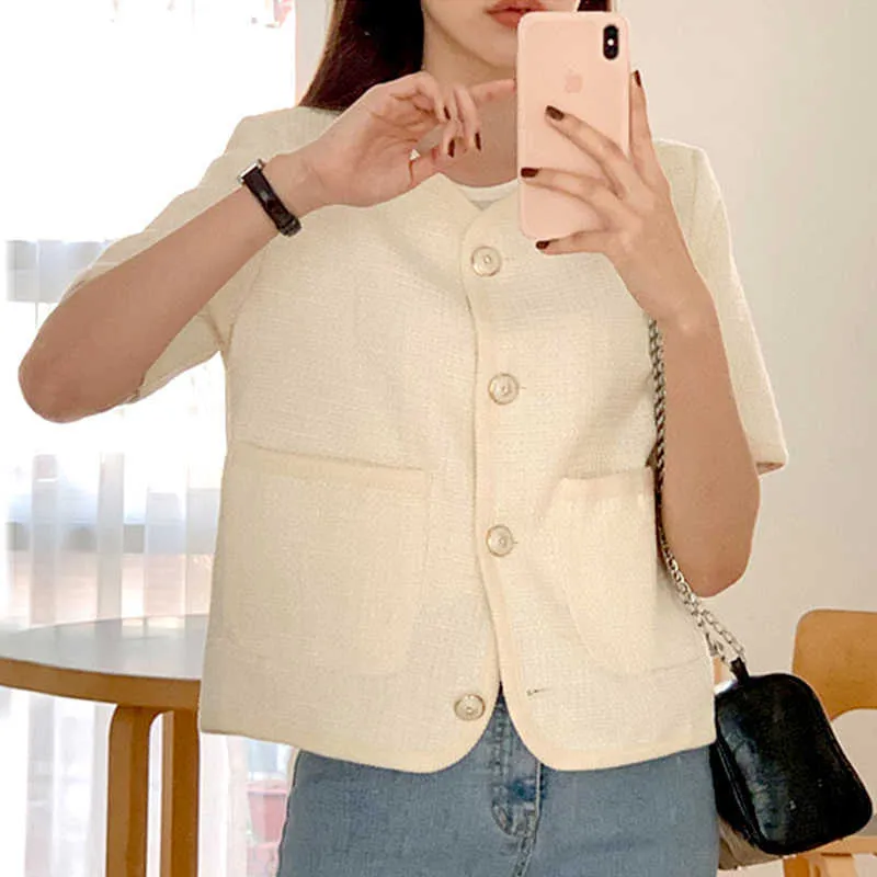 Korejpaa Women Jacket Summer Korean Chic Ladies Vintage Gentle V-Neck Buttoned Double Pocket Loose Short-Sleeved Tweed Coat 210526