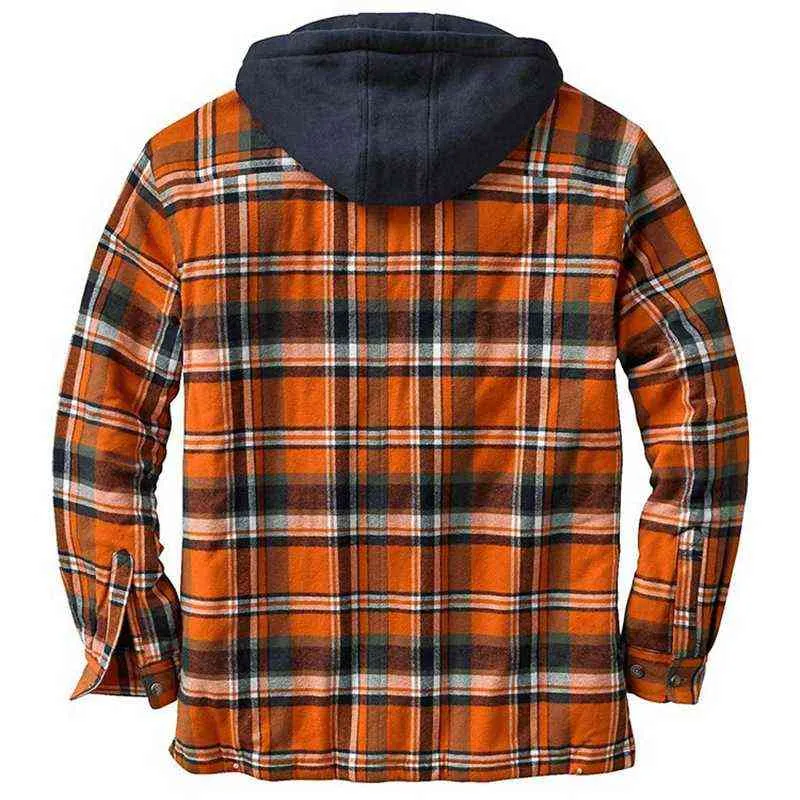 À la mode Hommes Veste Automne Hiver Chaud Épais À Manches Longues Coton Chemise À Carreaux Veste Manteau Lâche À Capuche Bomber Veste 211103