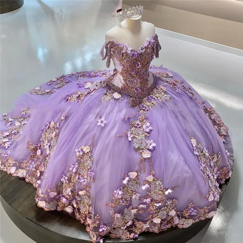 Luxe épaules dénudées perles Quinceanera robes lavande lilas robe de bal douce 16 ans robe de princesse pour robes de 15 a os anos253Y