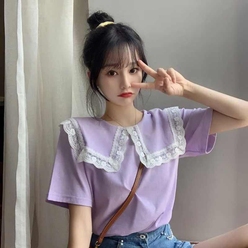 Japan Style Sweet Black Short Sleeve Peter Pan Collar Tops Summer Lace Patchwork Purple Blouse Women Girls Blusas Mujer Preppy 210610