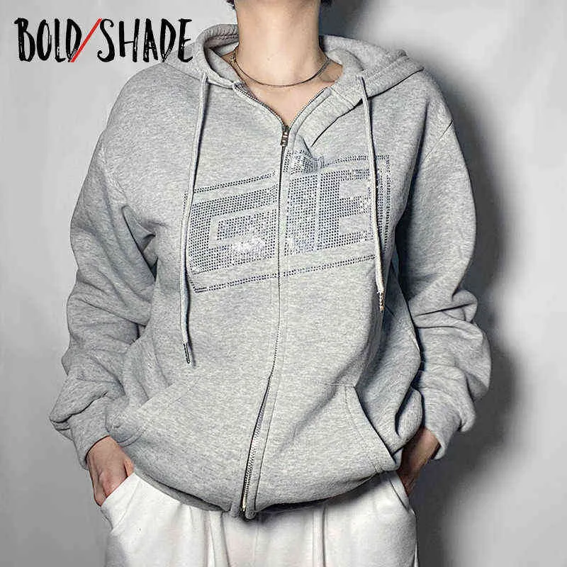 Bold Shade 90s Skater Style Rhinestone Hoodies Letter Pocket Zipper Women Sweatshirts Long Sleeve Y2k E-girl Streetwear Hoodie Y1118