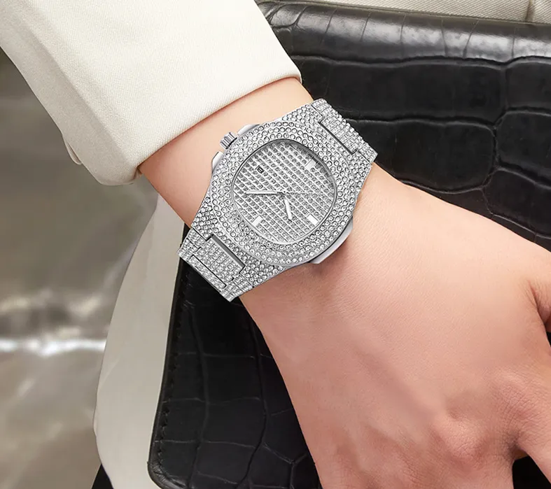 WLISTH Marca Data Quartz cwp Mens Womens Relógios Full Crystal Diamond Luminous Watch Oval Dial Extra Bling Trendy Unisex Wristwatc266M