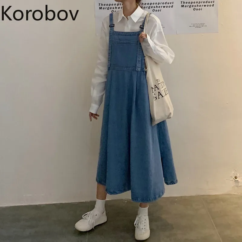 コロバフ春夏の女性のドレスプレッピースタイルポケットAライン女性ドレス韓国のハイウエストデニムvestidos 2a694 210430