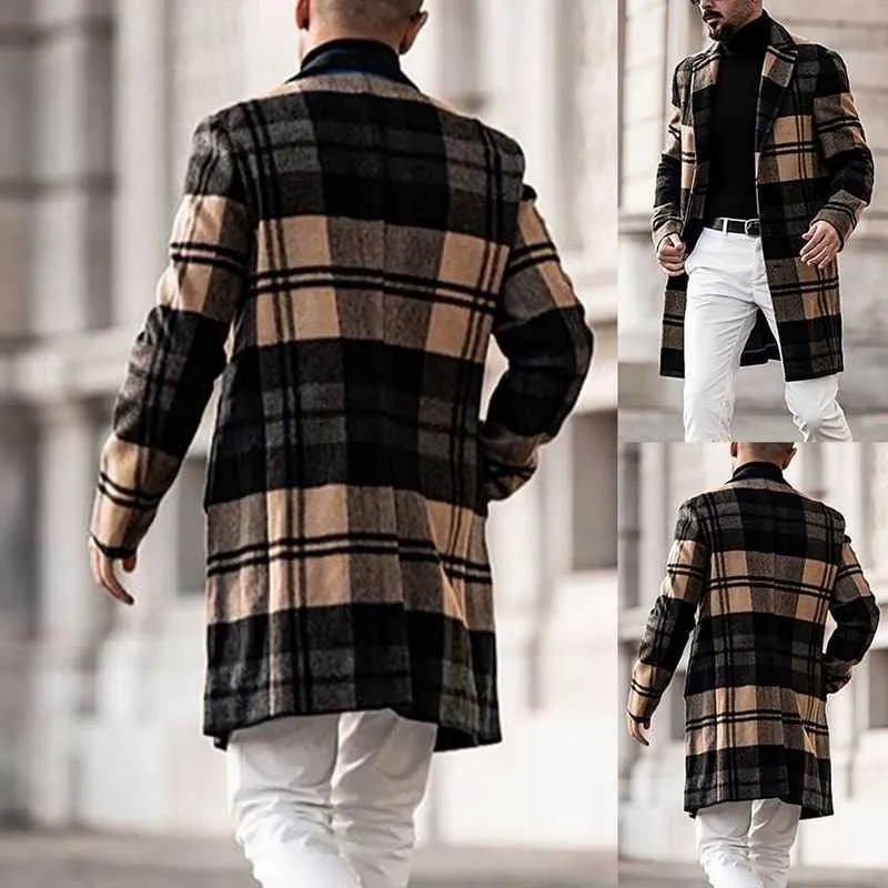 Cappotto scozzese da uomo Autunno Inverno Giacca da lavoro Trench da uomo Giacca casual Vintage Cappotto lungo di lusso da uomo Abbigliamento Grande streetwear 211011