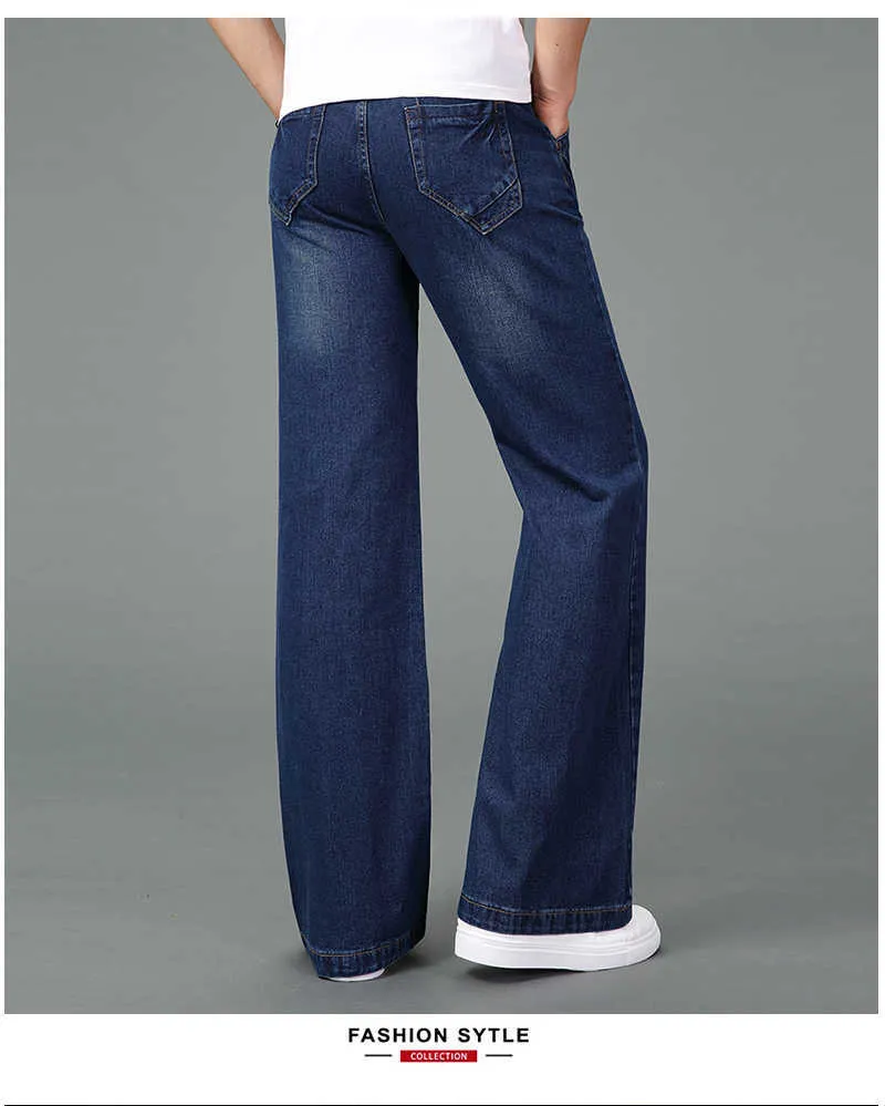 Gratis Mäns Sommar Tunn Lätt Vikt Bredvid Straight Jeans Plus Size Business Casual Flare Byxor Svart Blå 210716