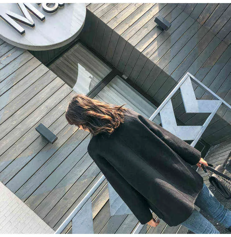 Women Midi Length Coat Turn Down Collar Drouble Button Design 100% Wool Women Gray Black Autumn Woolen Coat Casaco Feminino 211110