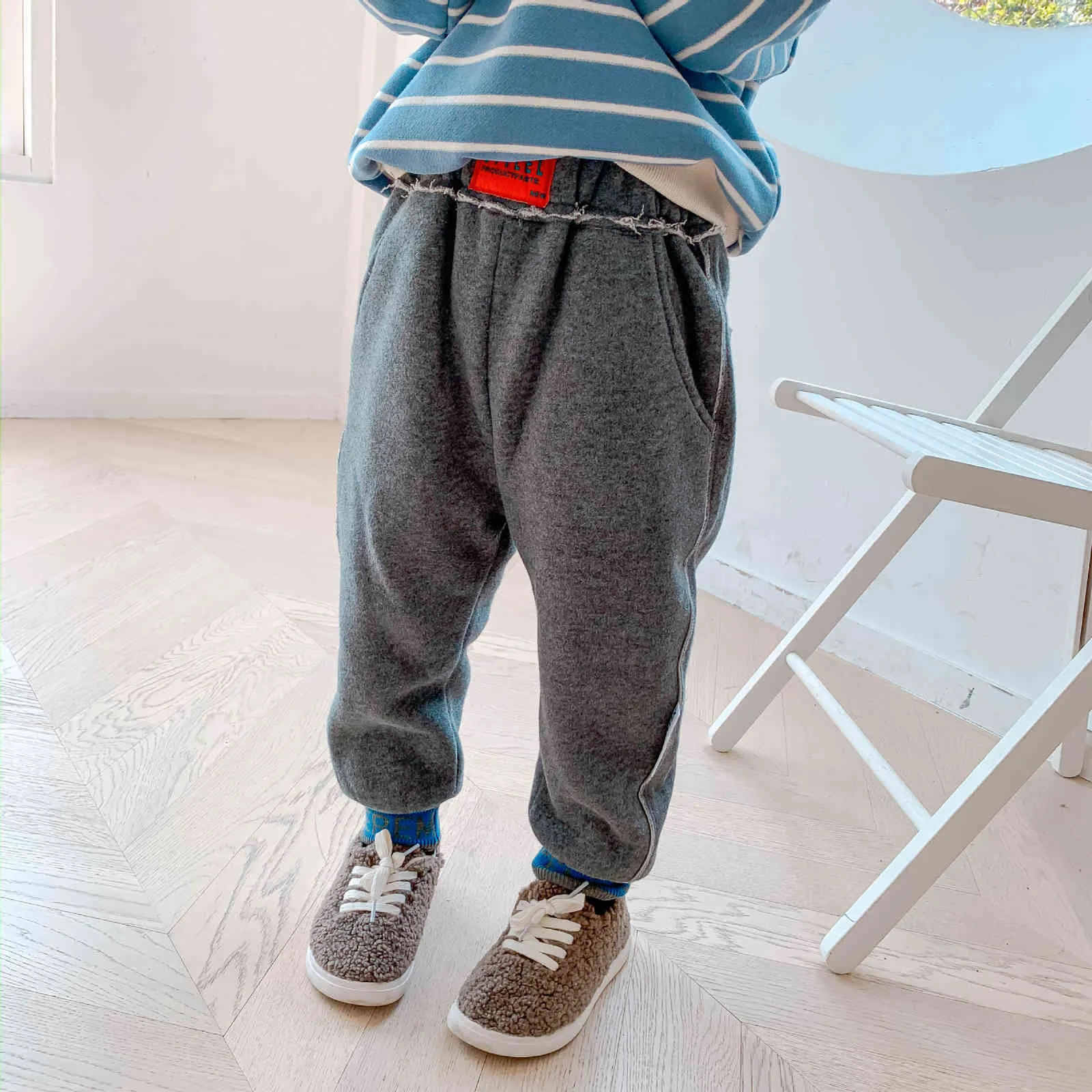 Winter boys casual fleece thick sports pants kids letters printing warm sweatpants 210508