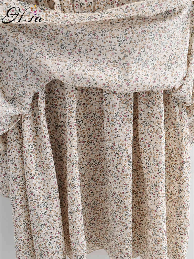 H.SA femmes robes d'été sans manches élastique taille haute Floral plissé Vestidos volants en cascade Mini Robe Robe 210417