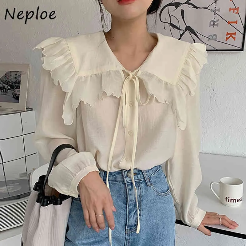 Peter Pan Collar Lace Up Bow Design Solid Bluzka Kobiety Pullover Z Długim Rękawem Ol Blusas Spring Shirt Feminino 210422