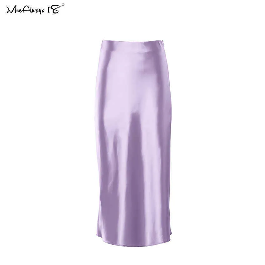 Mnealways18 solide violet Satin soie jupe femmes taille haute été longue élégante dames bureau s Midi printemps 210621