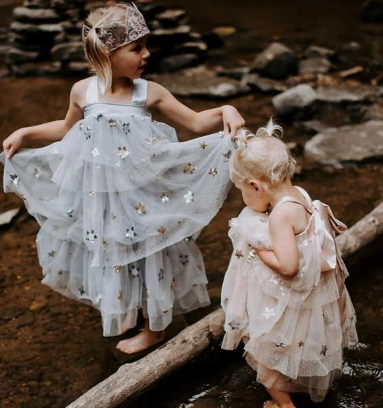 Sommer Monther und Tochter Familie passende Mädchen Pailletten Stern Schicht Kleid Mutter Rock Kleidung E19529 210610