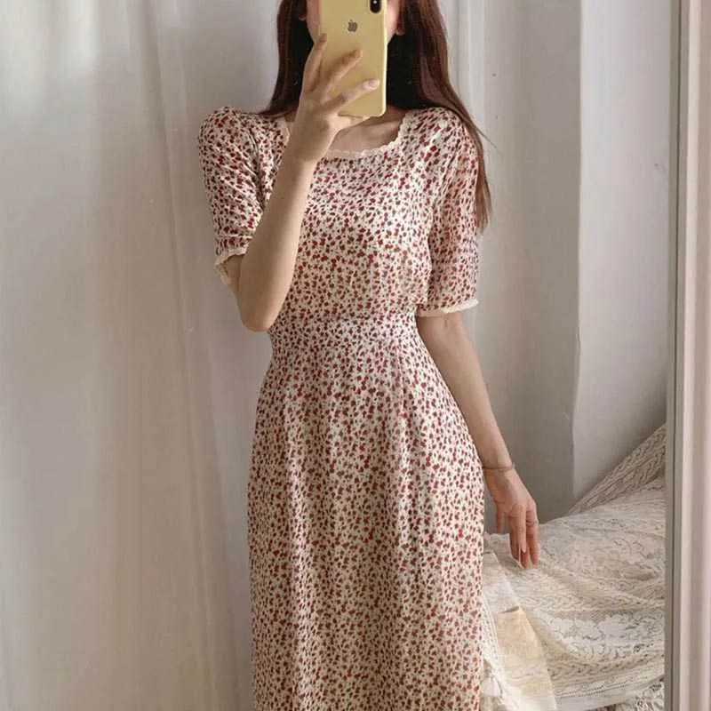 Korejpaa Women Dress Summer Korean Fashion Sweet Lace Stitching Square Collar Waist Short-sleeved Flong Loral Dresses 210526