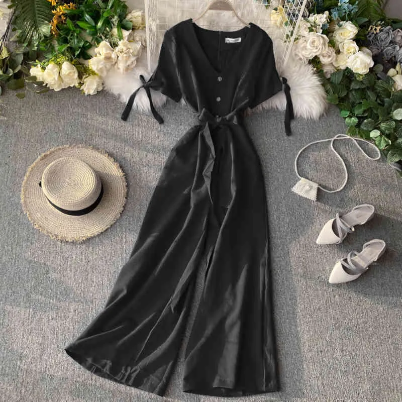 V Neck Wide-legged Jumpsuit Summer Women Spaghetti Strap Button Sashes High Waist Playsuit Holiday Romper 210423