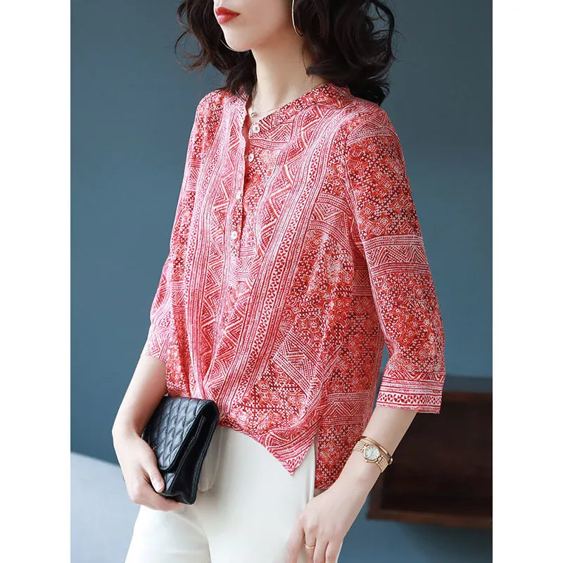 5XL Women Spring Summer Style Chiffon Blouses Shirts Lady Casual Three Quarter Sleeve Printed Red Chiffon Blusas Tops DF3036 210401